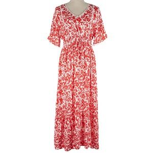 Kindred Red Floral Print‎ Maxi Dress Size XL V Neck Pom Pom Trim Elastic Waist